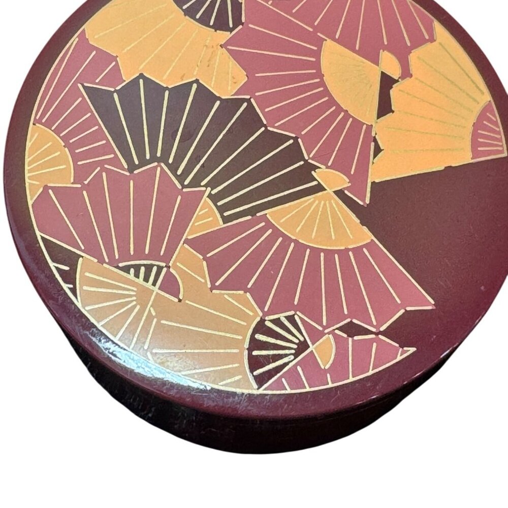 Vintage Japanese-Style Lacquered Plastic Round  Box With Fan Pattern